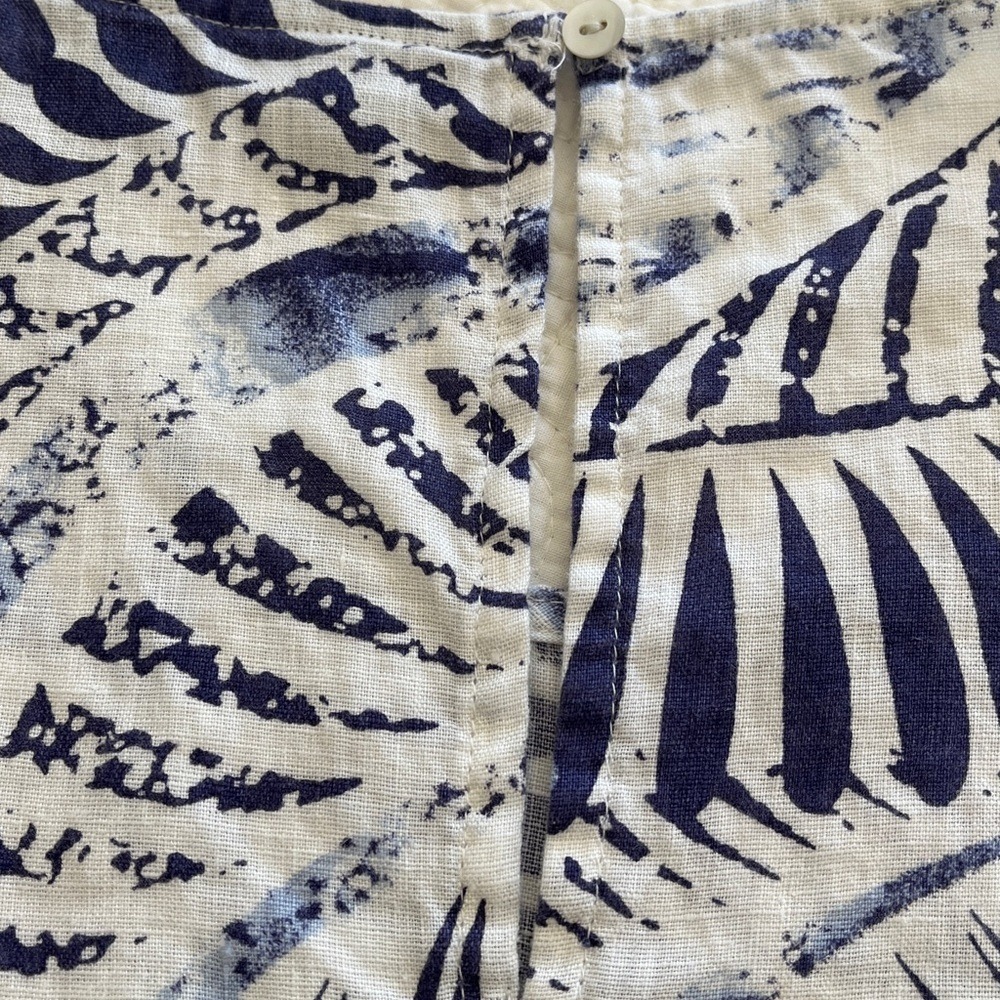 100% Linen Dress Women's Medium Sleeveless Pockets Print Blue White Beach Flare - Picture 15 of 16